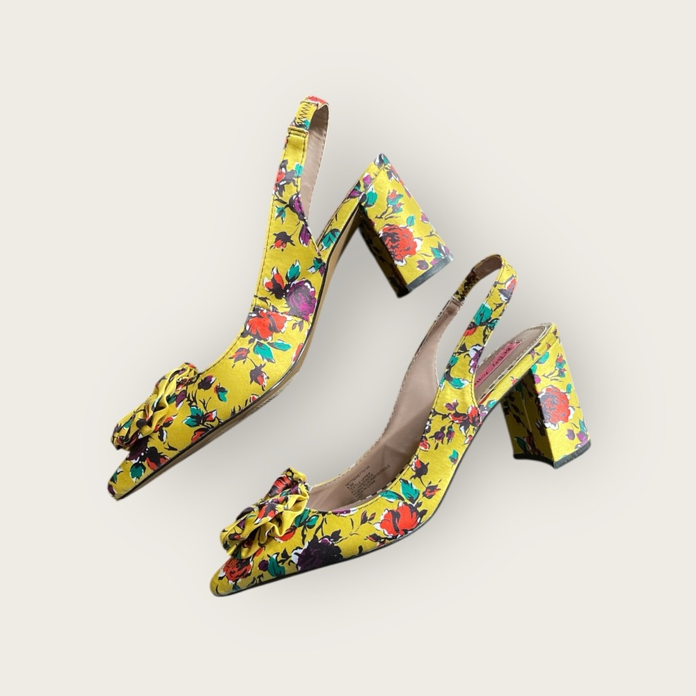 Betsy Johnson Nettie Yellow Floral Satin Bow Slingback Heels Women’s 8.5 - Picture 3 of 5